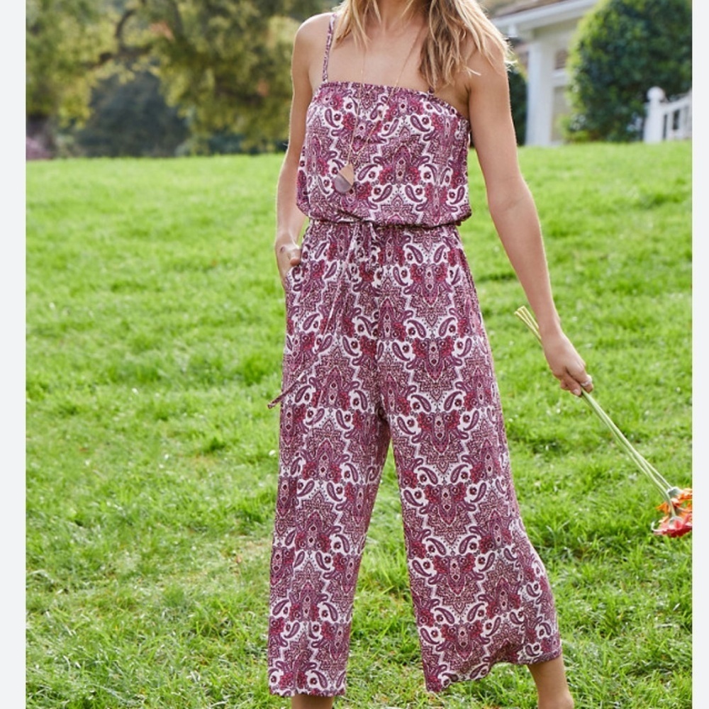 Maurices Women L Pink Paisley Boho Relaxed Wide Leg Cropped Tie Waist Jumpsuit